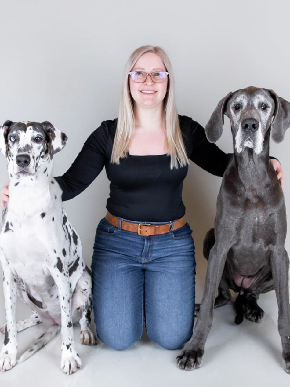 Employee of Silver Creek Animal Clinic posed with two large dogs at either side of her